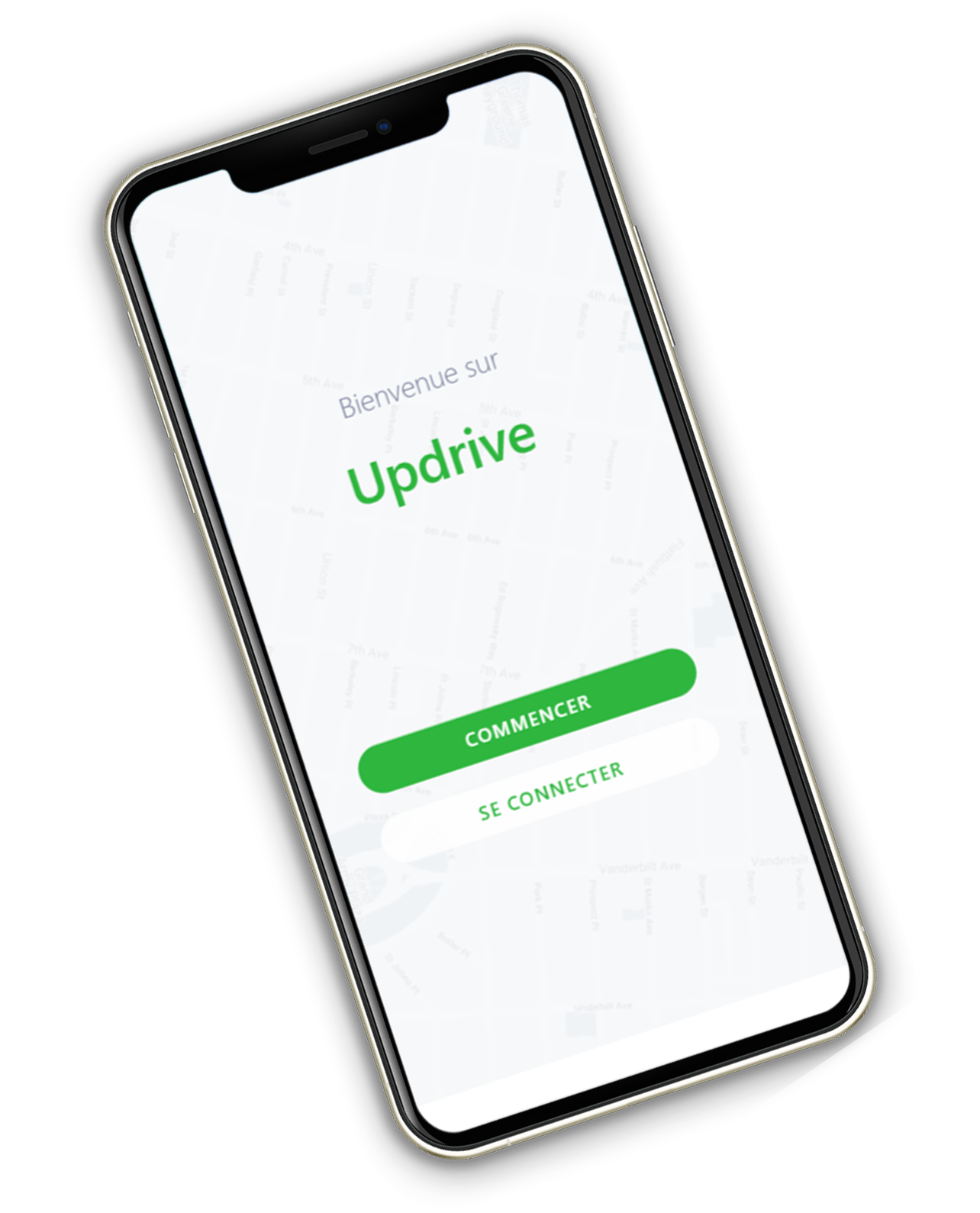 Deux smartphones affichant l’app Updrive : navigation et liste d’itinéraires d’examen