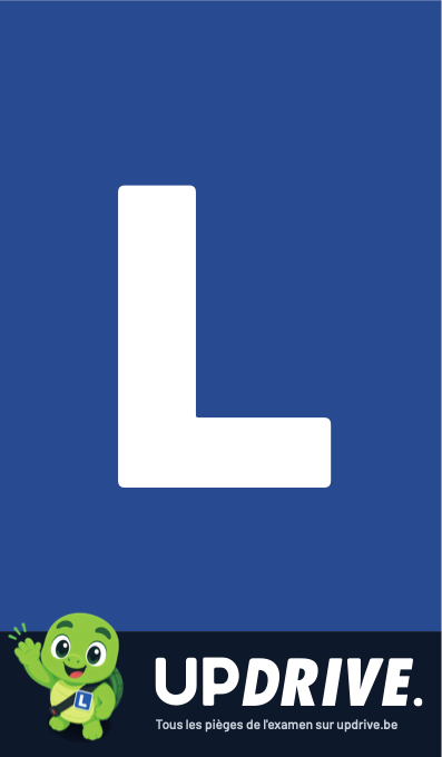 Signe L Updrive : fond bleu, lettre L blanche, format 14 × 20 cm
